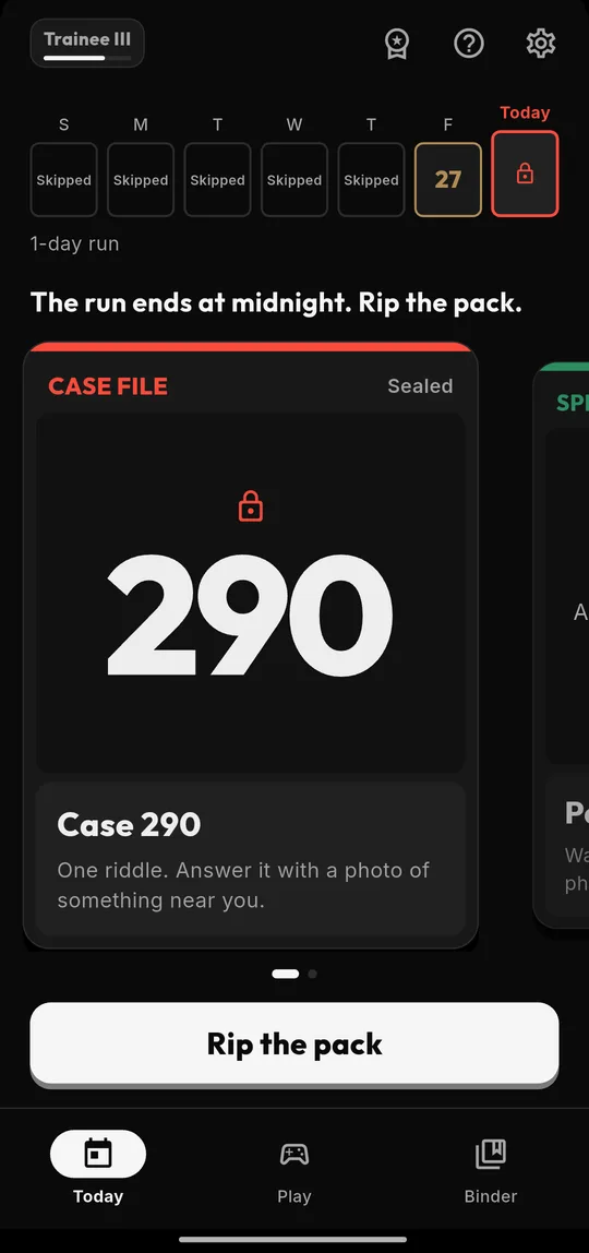 Kaptr Today tab with a sealed Case File